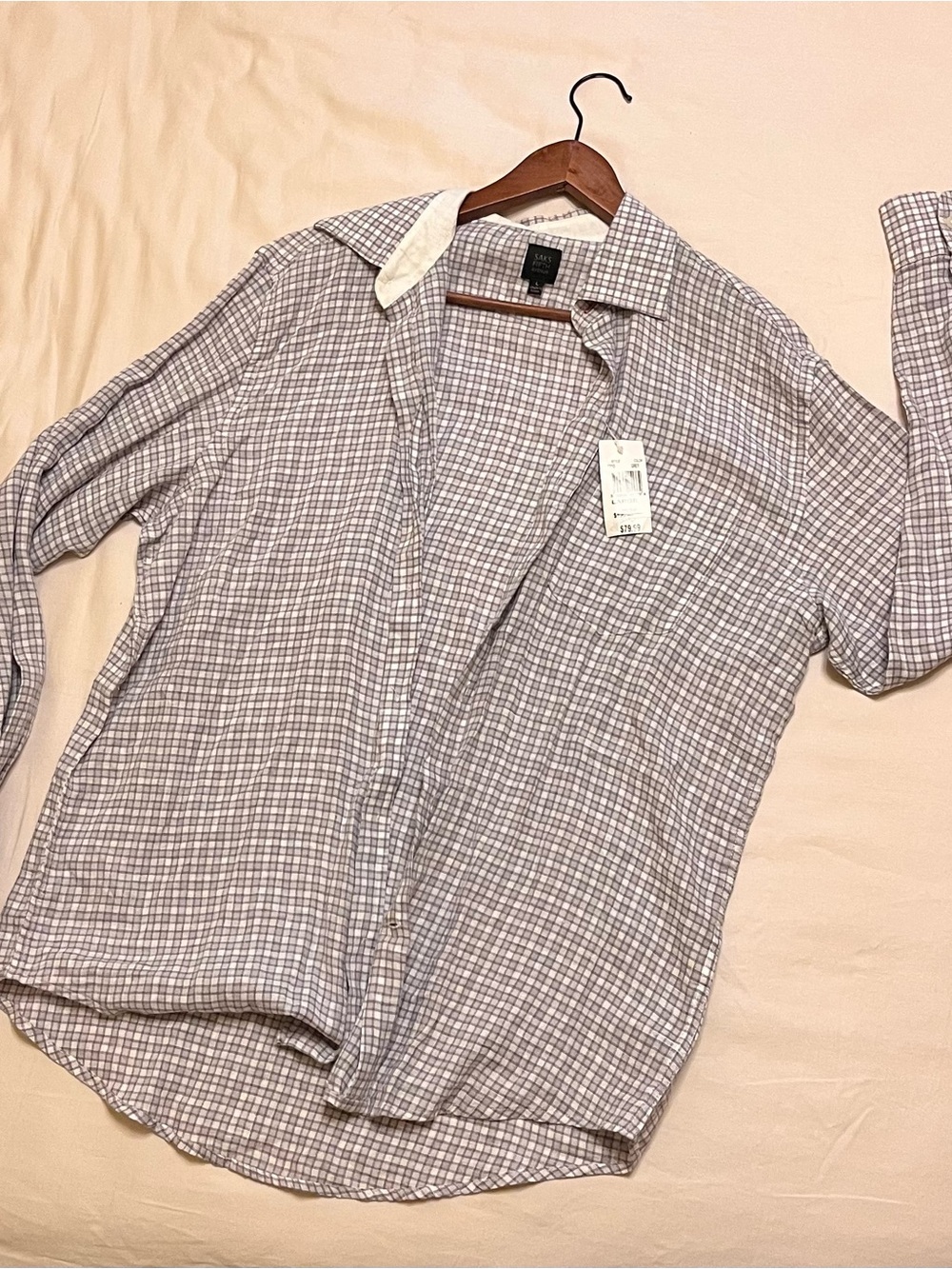Saks Fifth Avenue Men's Plaid Linen Button-Down Shirt - Gray & White NWT